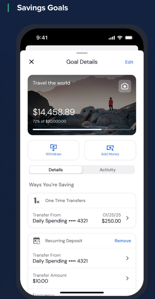 Savings Goals mobile detail screen with goal progress and contribution actions