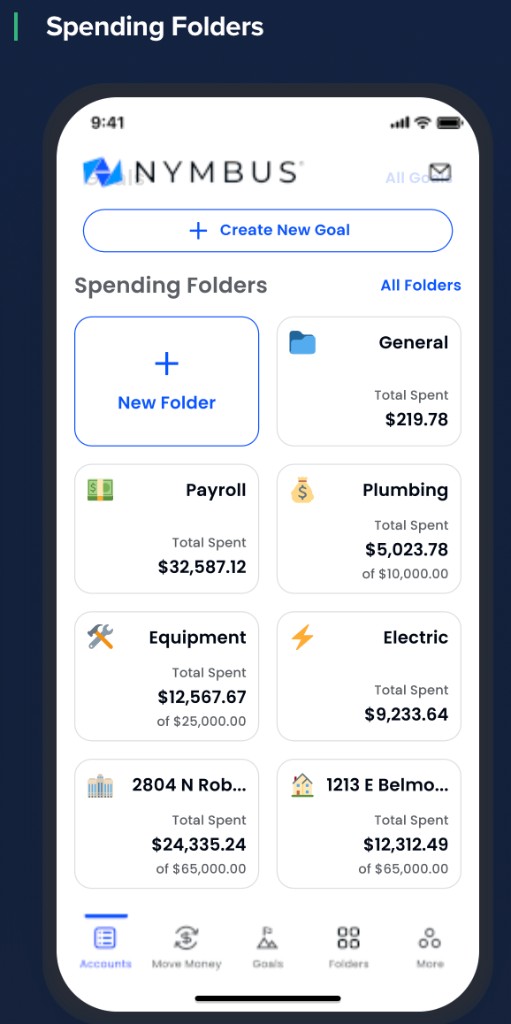 Transaction Folders mobile screen with folder balances and categories